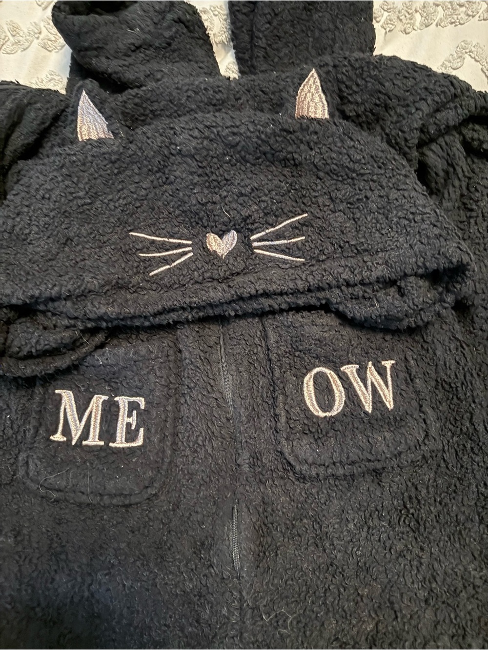 Cozy Black Cat Sherpa one piece Pajamas- MEOW Embroidered